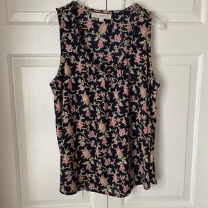 LOFT Floral Sleeveless Blouse Womens L Navy Blue Ruffle V-Neck Cottagecore Layer